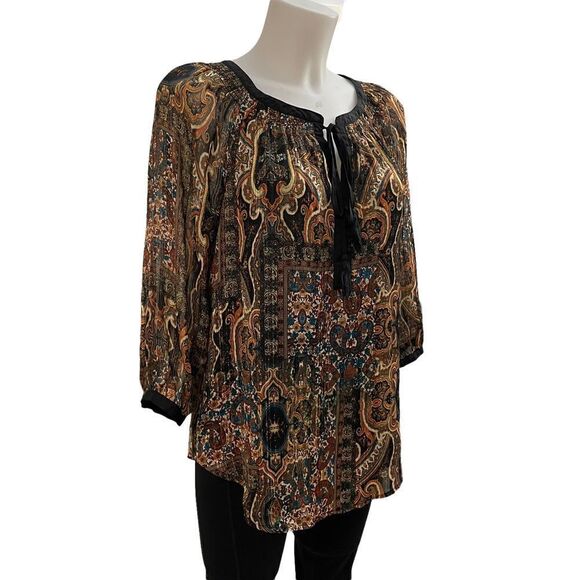 ANTHROPOLOGIE MEADOW RUE BLACK CHIFFON PAISLEY PEASANT BLOUSE LINED SZ small - Picture 3 of 10